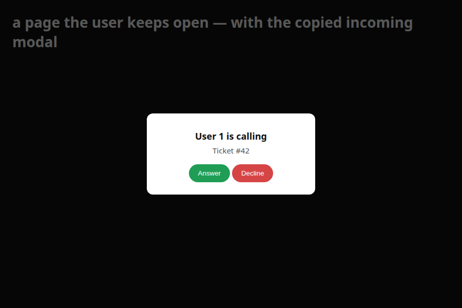 The incoming-call modal from beam:install --views, ringing