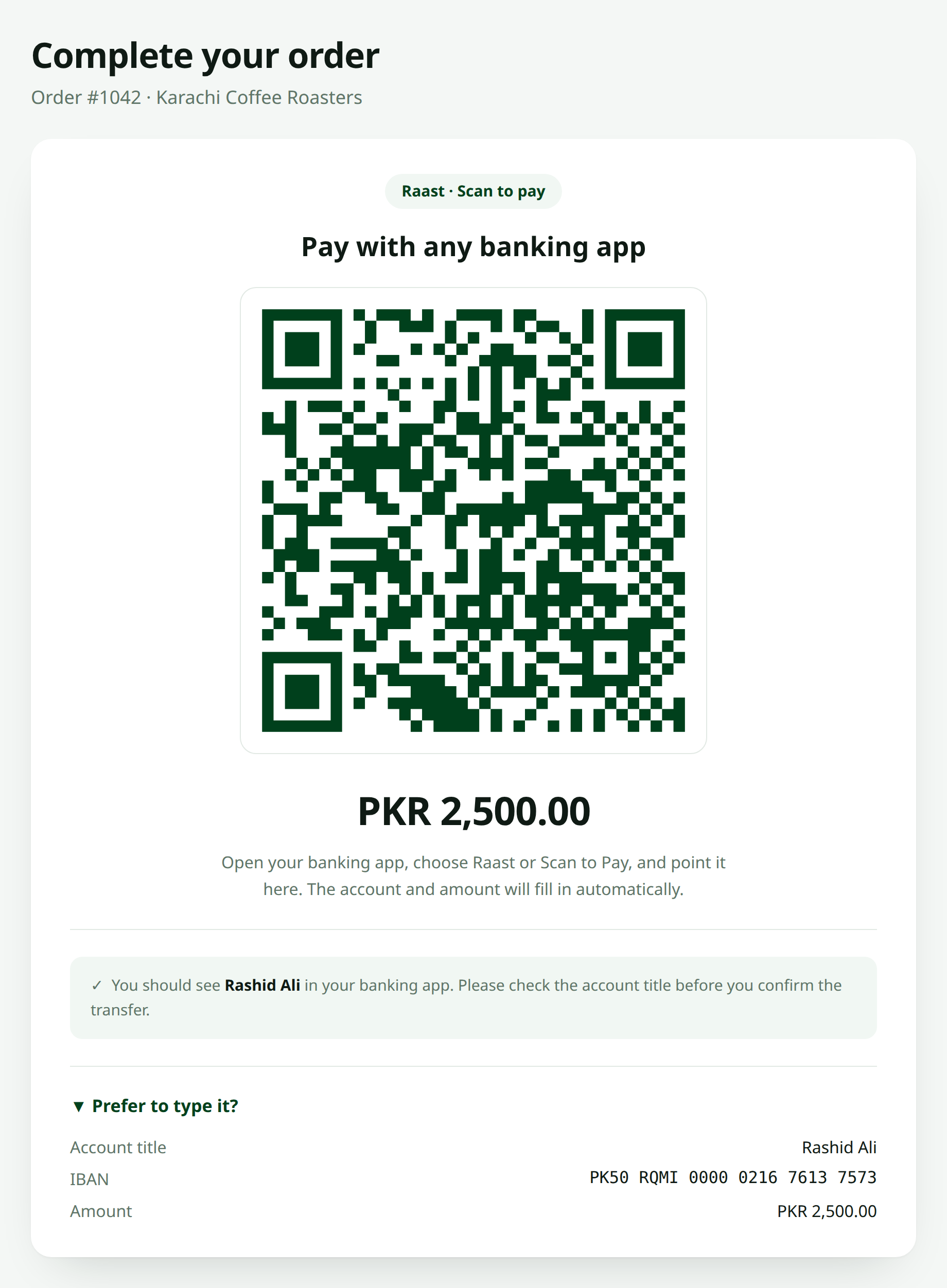 Checkout page with a Raast payment QR