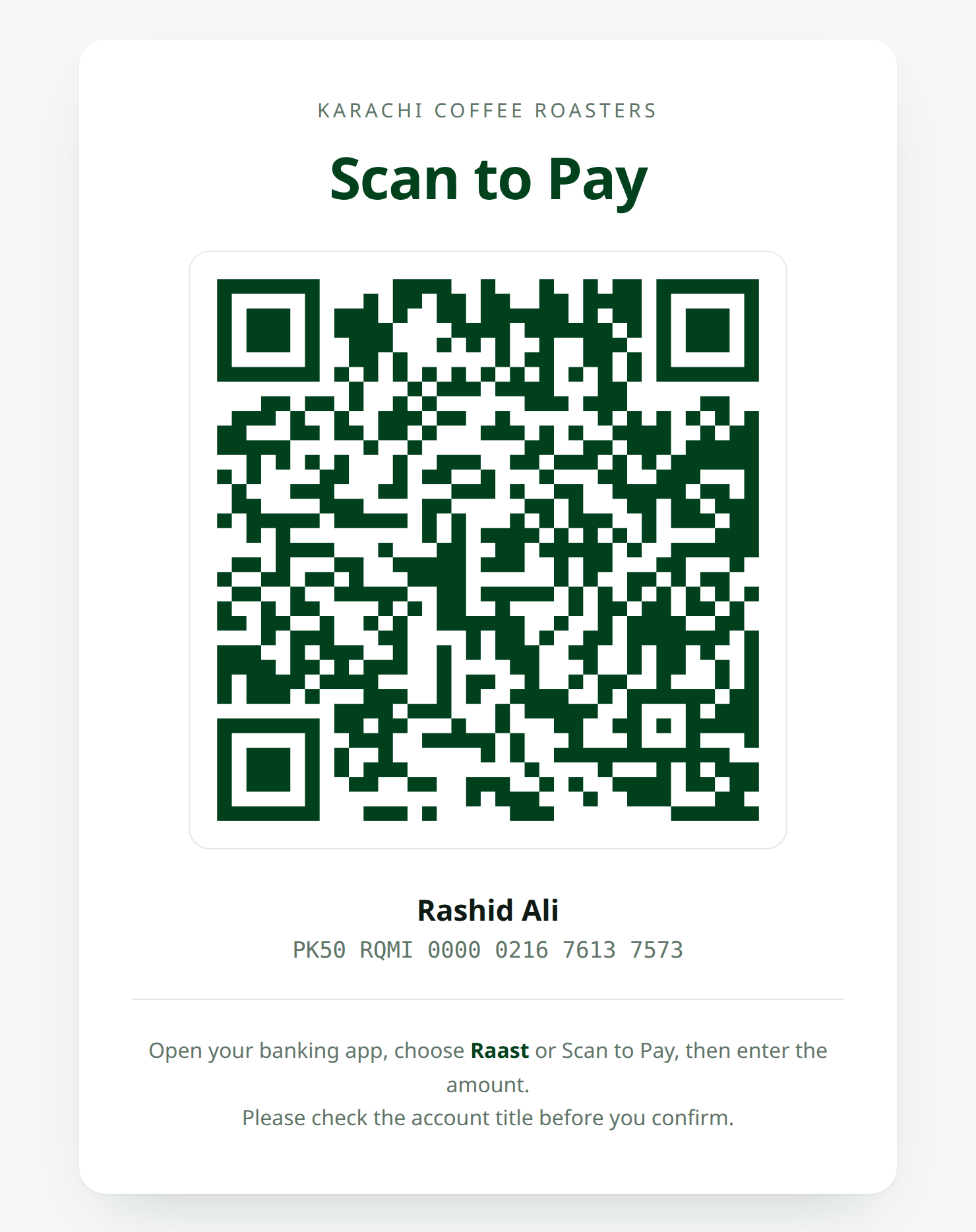 Printed counter card with a static Raast QR