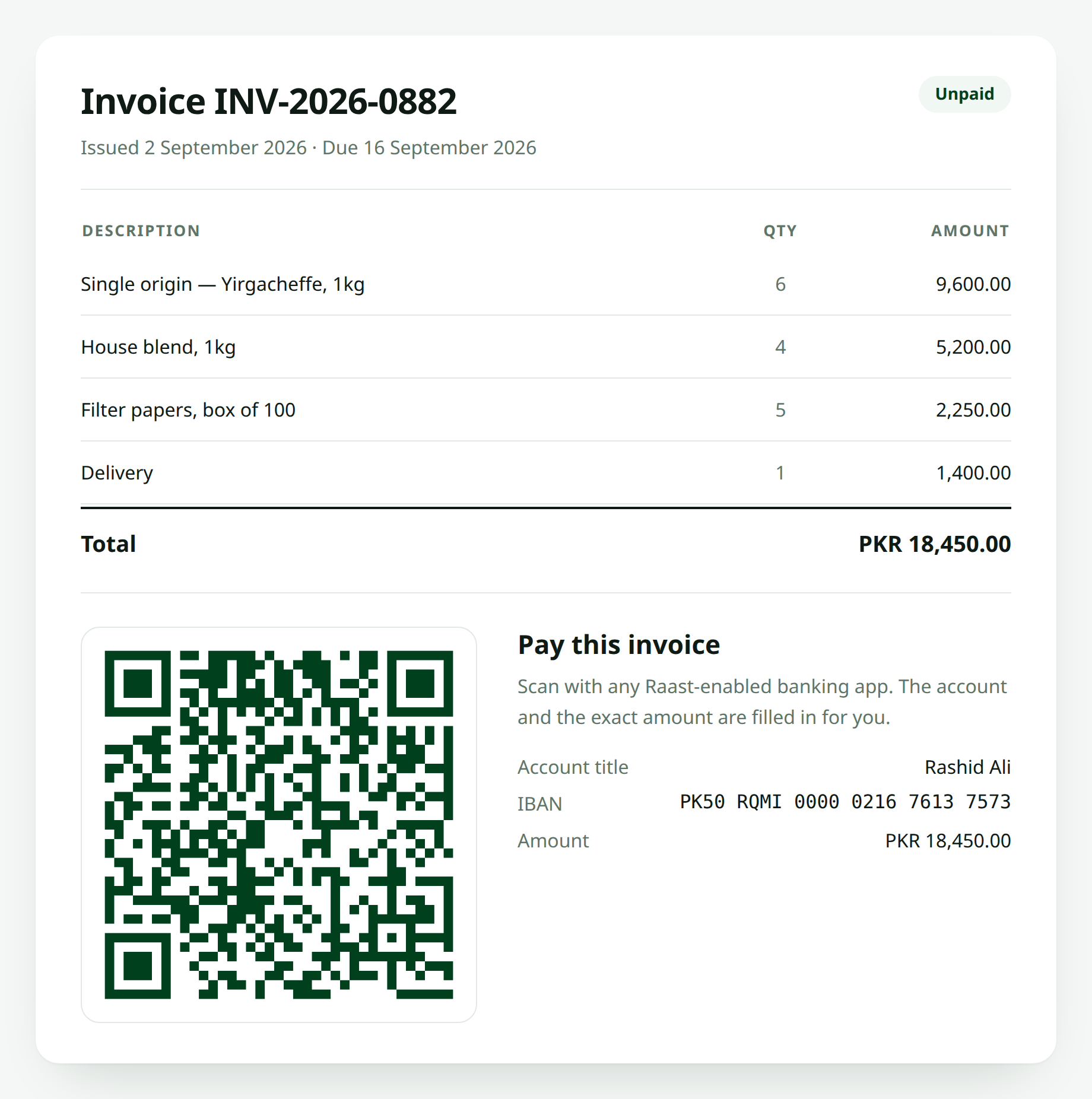 Invoice with a Raast payment QR